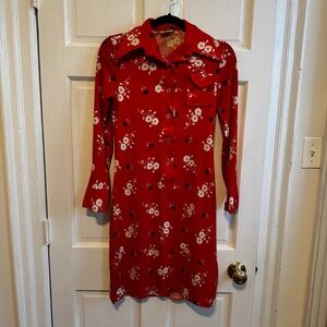 Vintage Red Floral Button-Front Dress